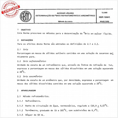 Açúcar líquido - Determinação do grau brix refratométrico e areométrico