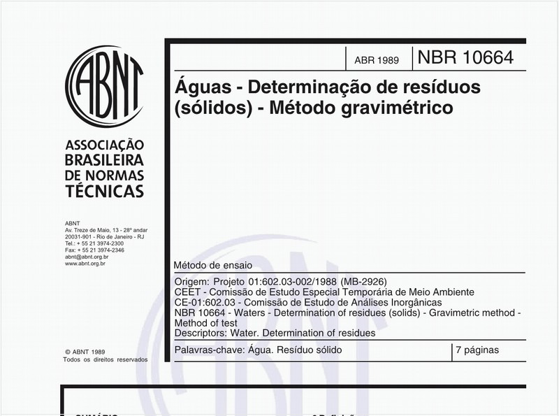 Águas - Determinação de resíduos (sólidos) - Método gravimétrico - Método de ensaio