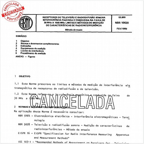 Receptores de televisão e radiodifusão sonora - Interferência radiada e conduzida na faixa de 30 MHz a 1000 MHz limites e métodos de medição de características de radiointerferência