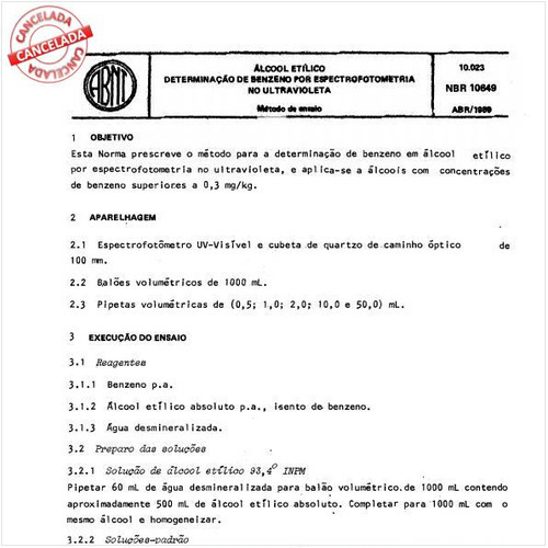 Alcool etílico - Determinação de benzeno por espectrofotometria no ultravioleta