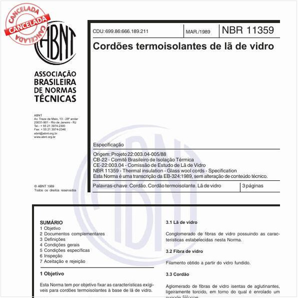 Cordões termoisolantes de lã de vidro - Especificação