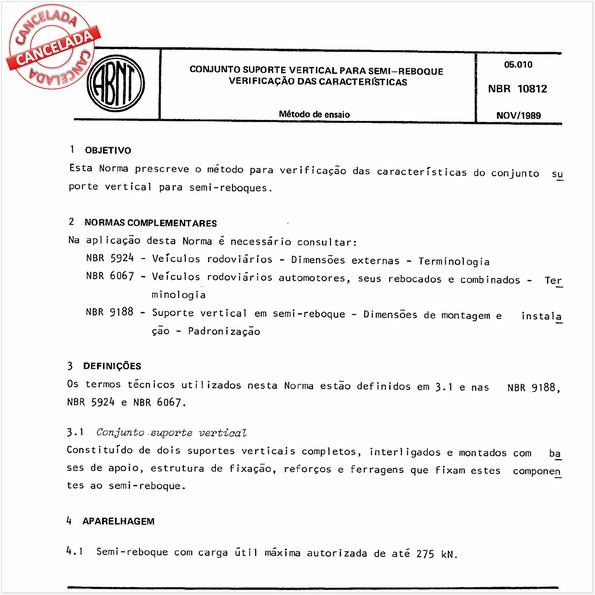Conjunto suporte vertical para semi-reboque - Verificação das características