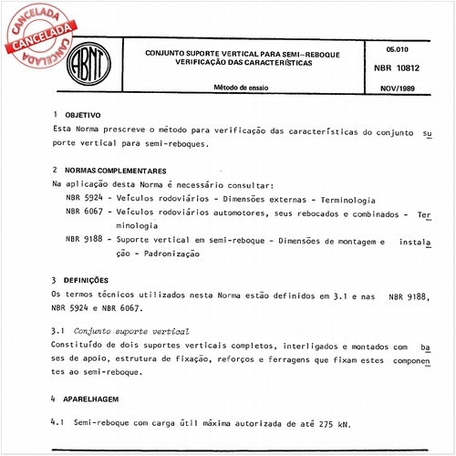 Conjunto suporte vertical para semi-reboque - Verificação das características