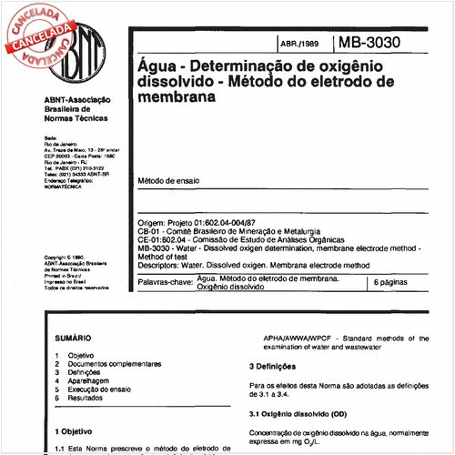 Agua - Determinação de oxigênio dissolvido - Método do eletrodo de membrana