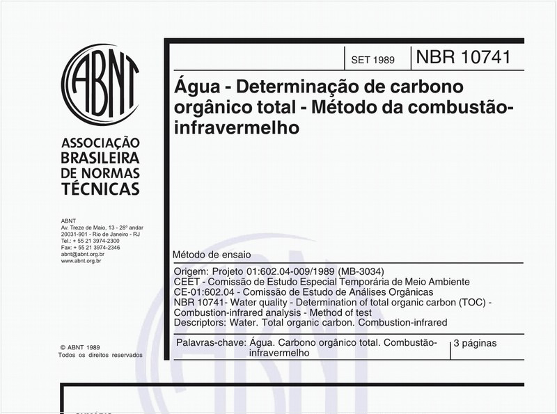 Água - Determinação de carbono orgânico total - Método da combustão-infravermelho - Método de ensaio
