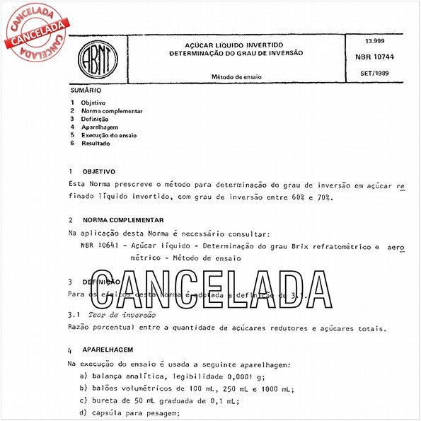 Açúcar líquido invertido - Determinação do grau de inversão