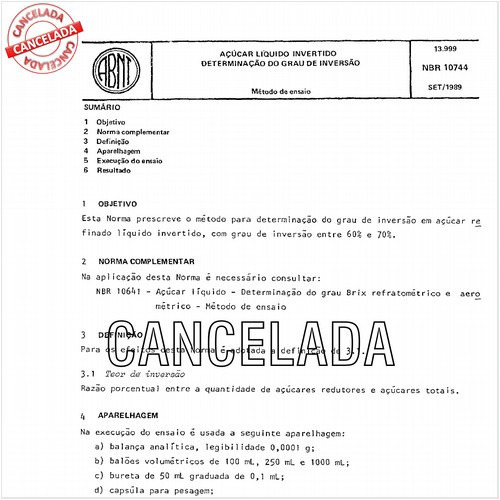 Açúcar líquido invertido - Determinação do grau de inversão