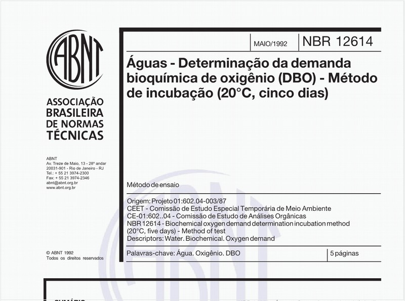 Águas - Determinação da demanda bioquímica de oxigênio (DBO) - Método de incubação (20°C, cinco dias) - Método de ensaio