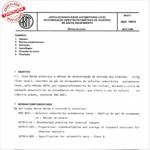 Veículos rodoviários automotores leves - Determinação espectrofotométrica de aldeídos no gás de escapamento