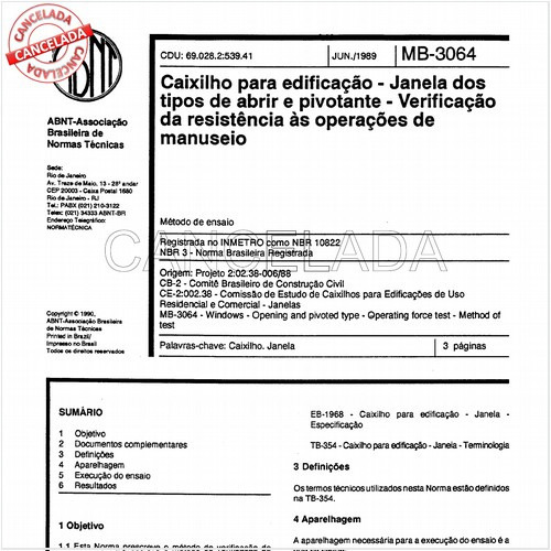 Caixilho para edificação - Janela dos tipos de abrir e pivotante - Verificação da resistência às operações de manuseio