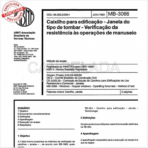 Caixilho para edificação - Janela do tipo de tombar - Verificação da resistência às operações de manuseio