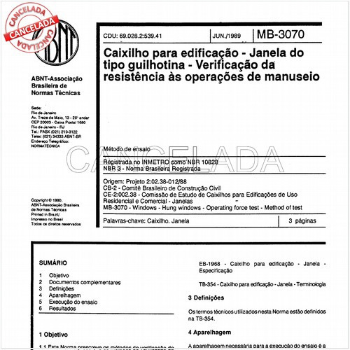 Caixilho para edificação - Janela do tipo guilhotina - Verificação da resistência às operações de manuseio