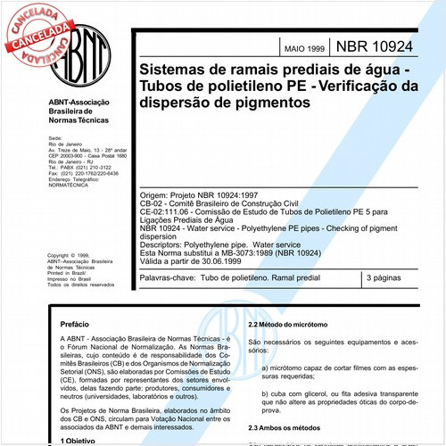 Sistemas de ramais prediais de água - Tubos de polietileno PE - Verificação da dispersão de pigmentos
