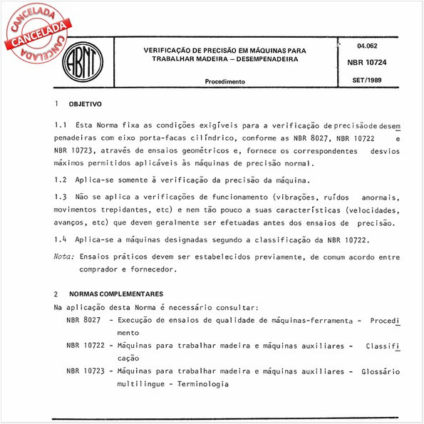 Verificação de precisão em máquinas para trabalhar madeira - Desempenadeira