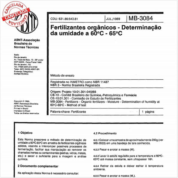 Fertilizantes orgânicos - Determinação da umidade a 60 graus Celsius - 65 graus Celsius
