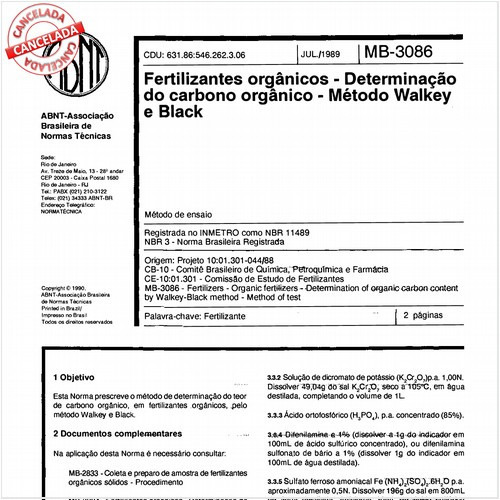 Fertilizantes orgânicos - Determinação do carbono orgânico método Walkey e Black
