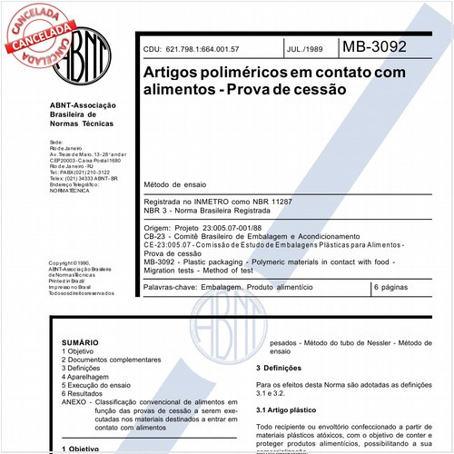 Artigos poliméricos em contato com alimentos - Prova de cessão