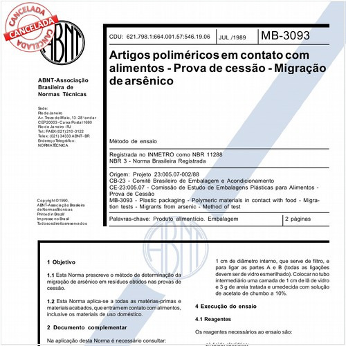 Artigos poliméricos em contato com alimentos - Prova de cessão - Migração de arsênico