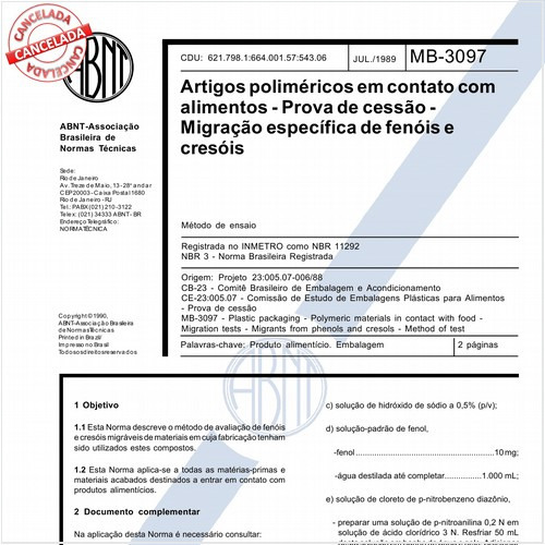 Artigos poliméricos em contato com alimentos - Prova de cessão - Migração específica de fenóis e cresóis