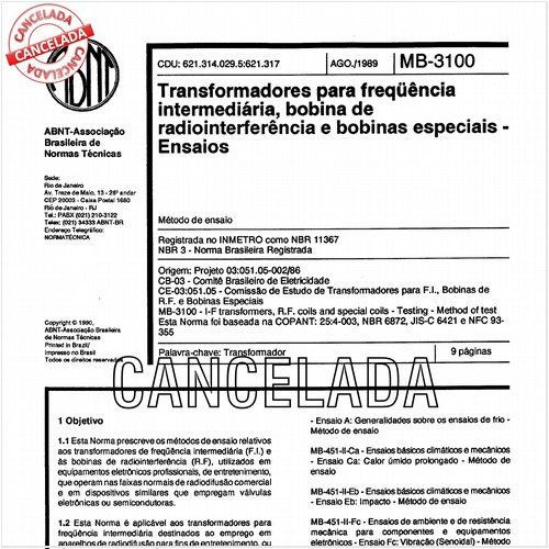 Transformadores para freqüência intermediária, bobina de radiointerferência e bobinas especiais - Ensaios