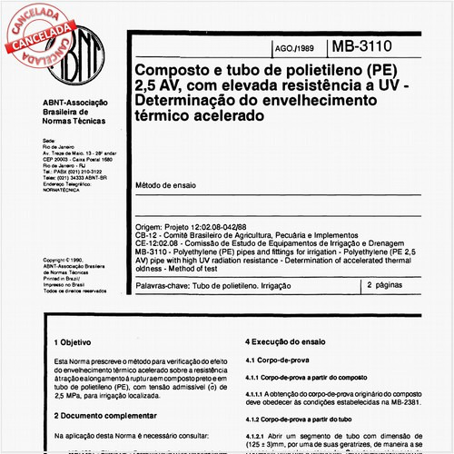 Composto e tubo de polietileno PE 2,5 AV com elevada resistência a UV - Determinação do envelhecimento térmico acelerado