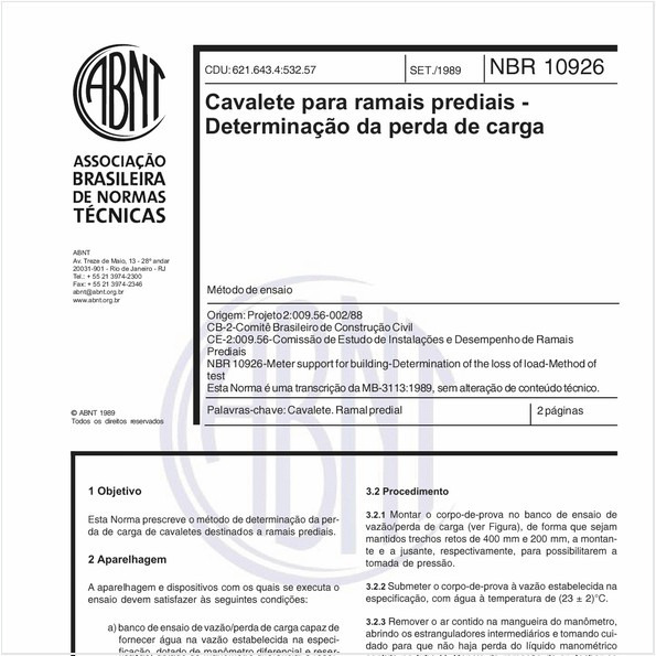 Cavalete para ramais prediais - Determinação da perda de carga - Método de ensaio