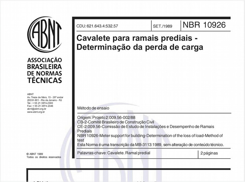 Cavalete para ramais prediais - Determinação da perda de carga - Método de ensaio