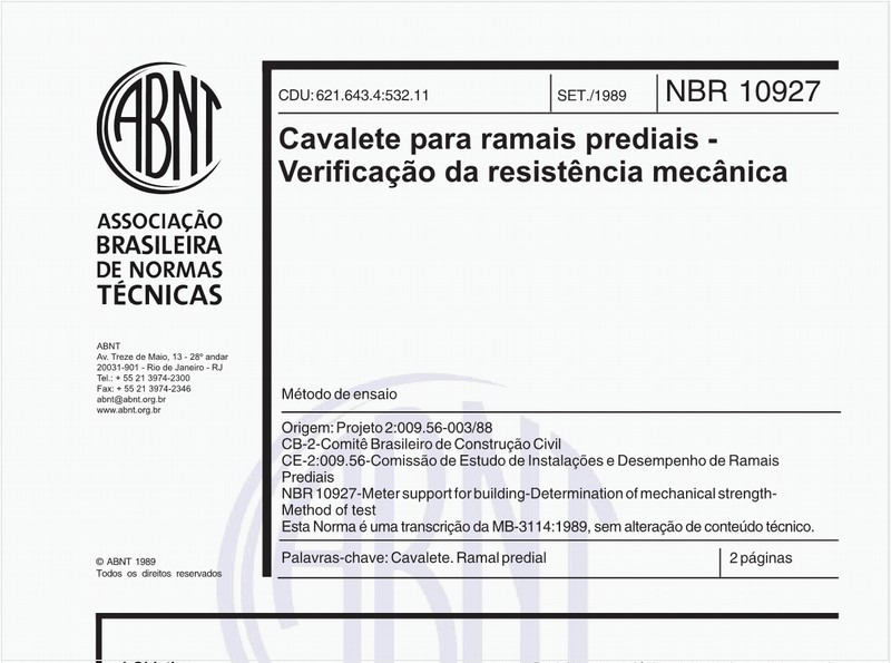 Cavalete para ramais prediais - Verificação da resistência mecânica - Método de ensaio