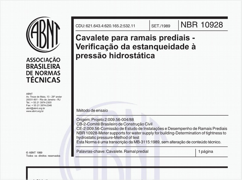 Cavalete para ramais prediais - Verificação da estanqueidade à pressão hidrostática - Método de ensaio