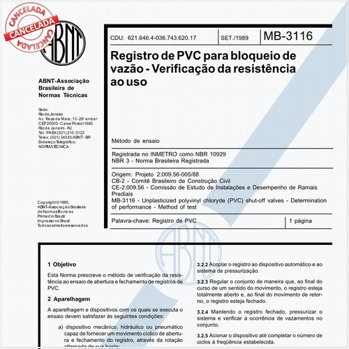 Registro de PVC para bloqueio de vazão - Verificação da resistência ao uso