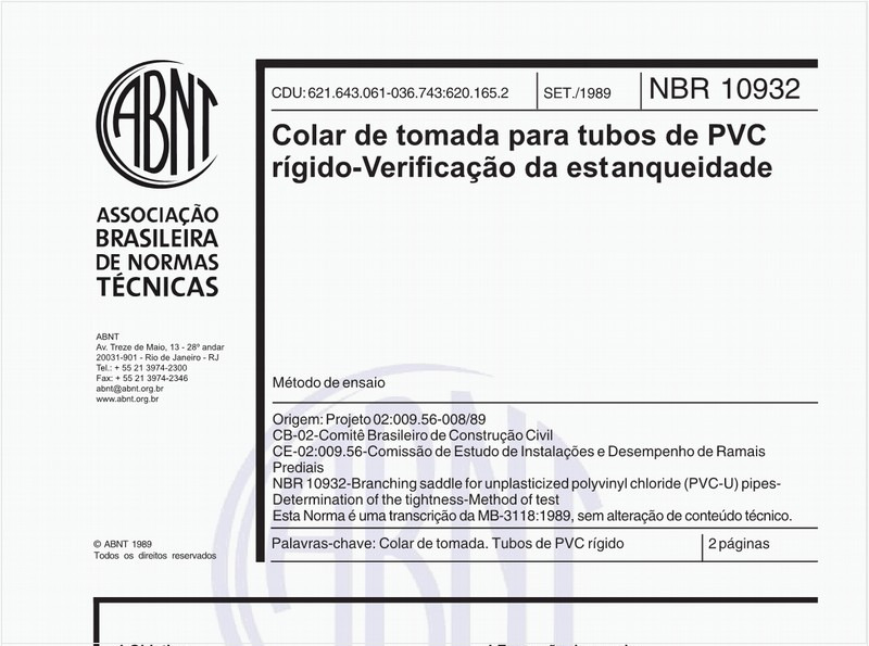 Colar de tomada para tubos de PVC rígido - Verificação da estanqueidade - Método de ensaio