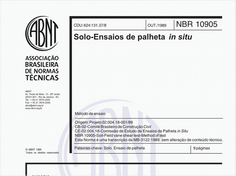 Solo - Ensaios de palheta in situ - Método de ensaio