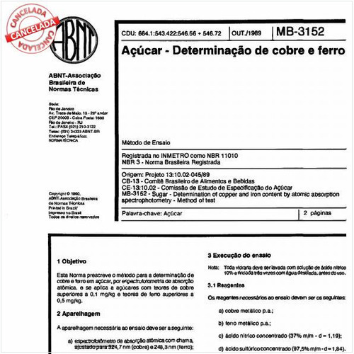 Açúcar - Determinação de cobre e ferro