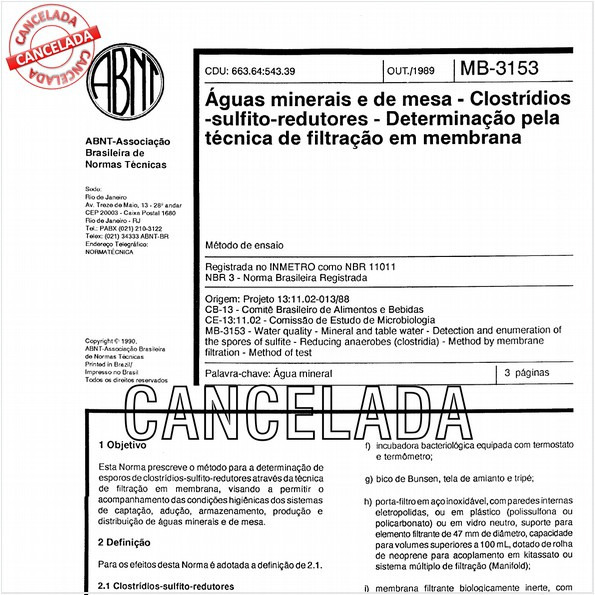 Aguas minerais e de mesa - Clostrídios-sulfito-redutores - Determinação pela técnica de filtração em membrana