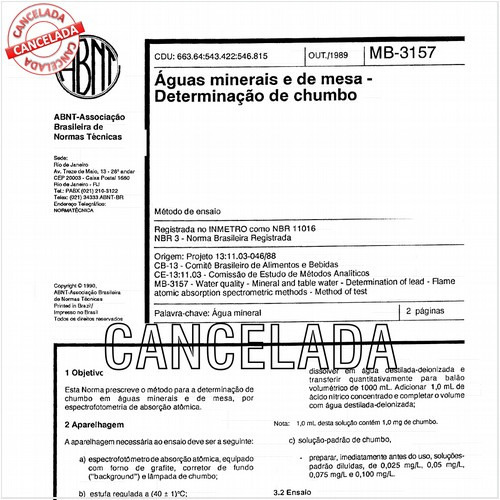 Aguas minerais e de mesa - Determinação de chumbo