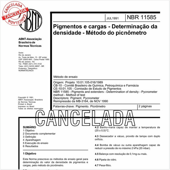 Pigmentos e cargas - Determinação da densidade - Método do picnômetro