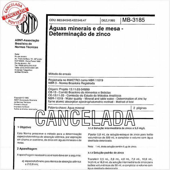 Aguas minerais e de mesa - Determinação de zinco