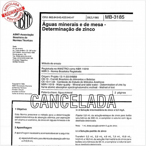 Aguas minerais e de mesa - Determinação de zinco