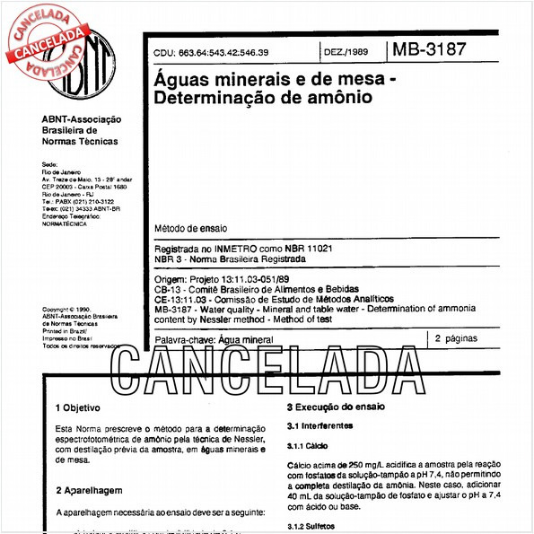 Aguas minerais e de mesa - Determinação de amônio