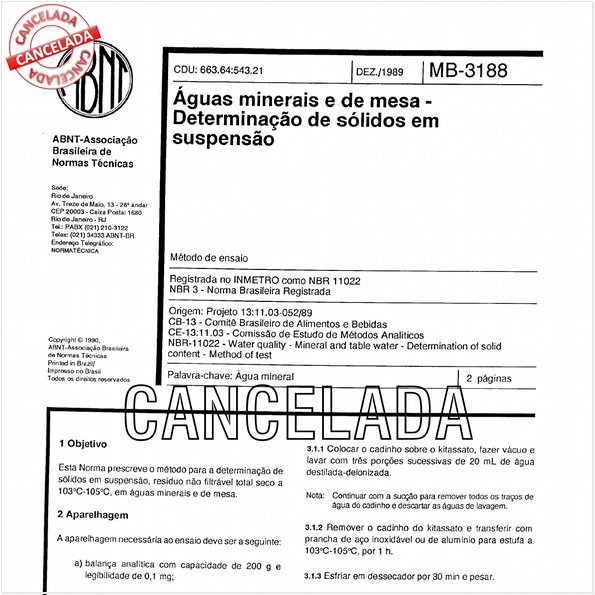 Aguas minerais e de mesa - Determinação de sólidos em suspensão