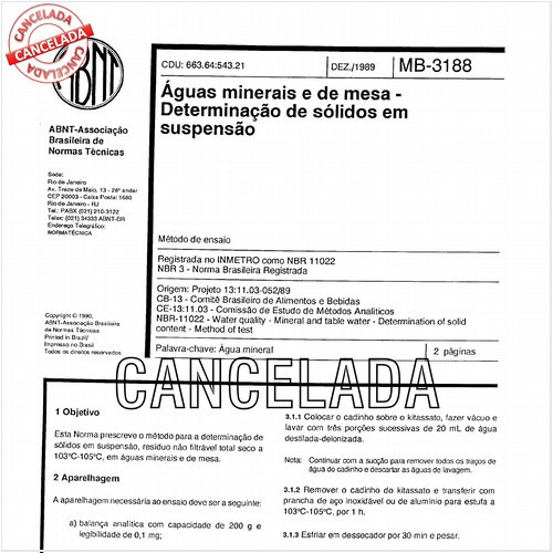 Aguas minerais e de mesa - Determinação de sólidos em suspensão