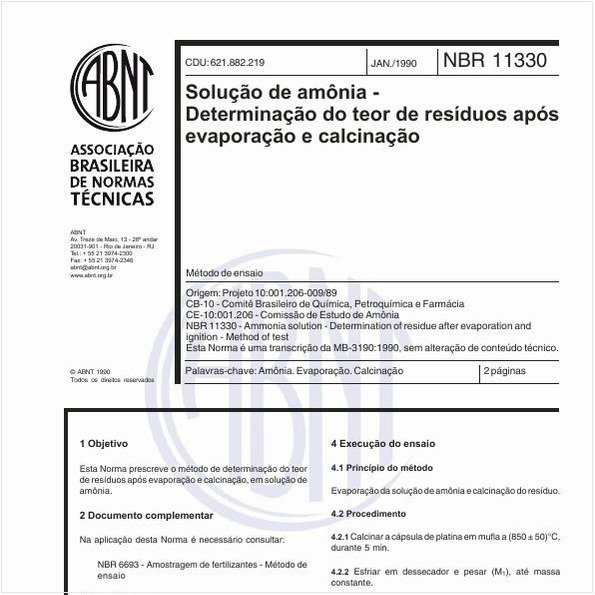 Solução de amônia - Determinação do teor de resíduos após evaporação e calcinação - Método de ensaio