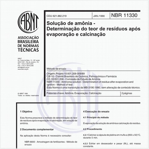 Solução de amônia - Determinação do teor de resíduos após evaporação e calcinação - Método de ensaio
