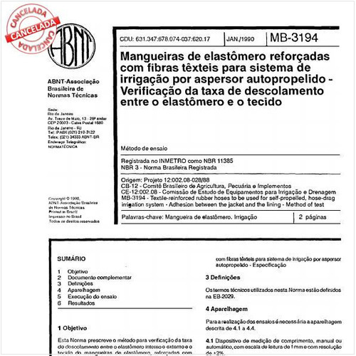 Mangueiras de elastômero reforçadas com fibras têxteis para sistema de irrigação por aspersor autopropelido - Verificação da taxa de descolamento entre o elastômero e o tecido
