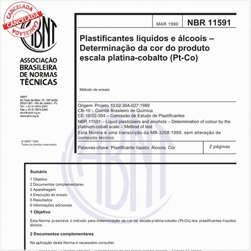 Plastificantes líquidos e álcoois - Determinação da cor do produto-escala platina-cobalto (Pt-Co)
