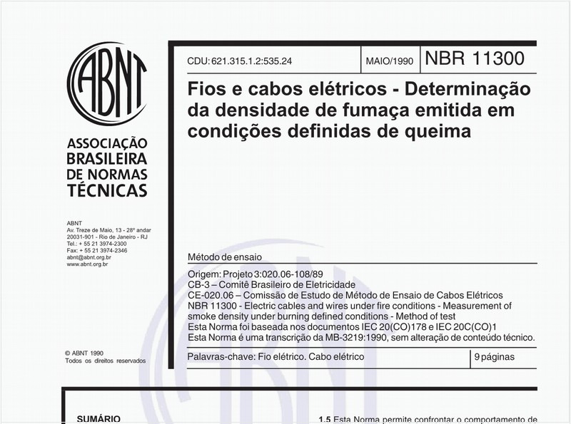 Fios e cabos elétricos - Determinação da densidade de fumaça emitida em condições definidas de queima - Método de ensaio