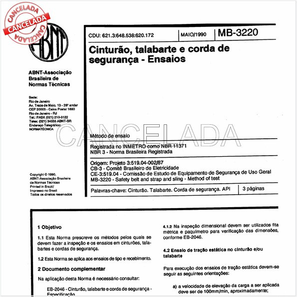 Cinturão, talabarte e corda de segurança - Ensaios