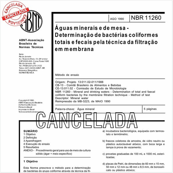 Aguas minerais e de mesa - Determinação de bactérias coliformes totais e fecais pela técnica da filtração em membrana
