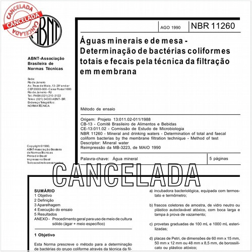 Aguas minerais e de mesa - Determinação de bactérias coliformes totais e fecais pela técnica da filtração em membrana