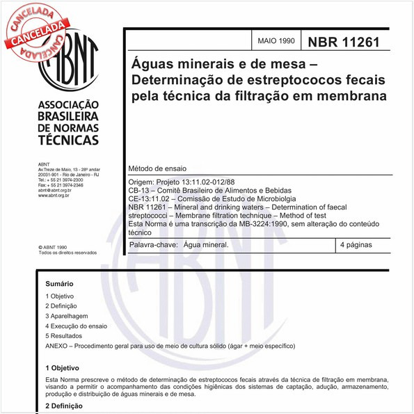 Aguas minerais e de mesa - Determinação de estreptococos fecais pela técnica da filtração em membrana
